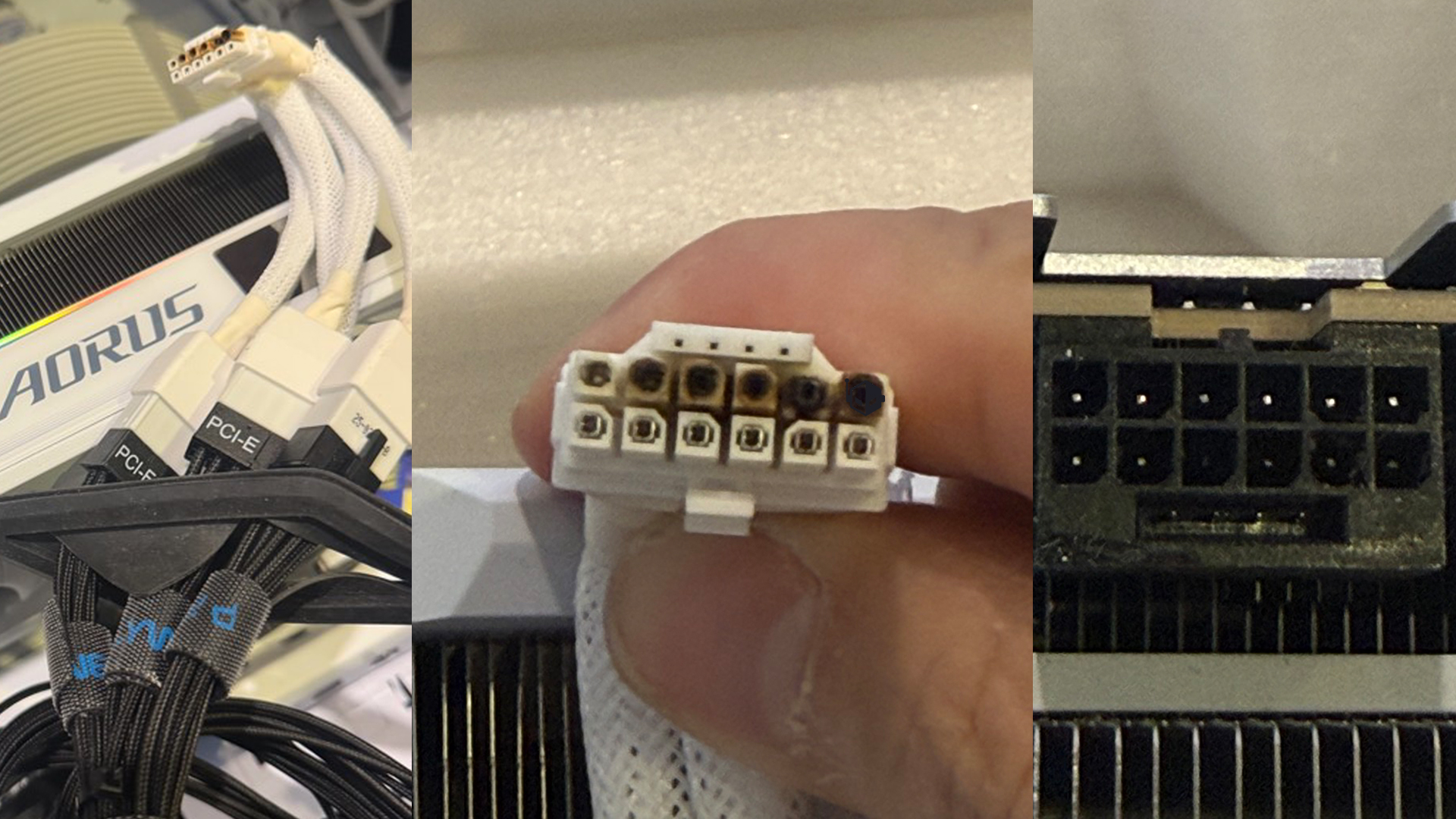 A collage showing a close-up of a burnt 'PCI-E' connector, a hand holding a scorched 12-pin connector, and an empty 12-pin