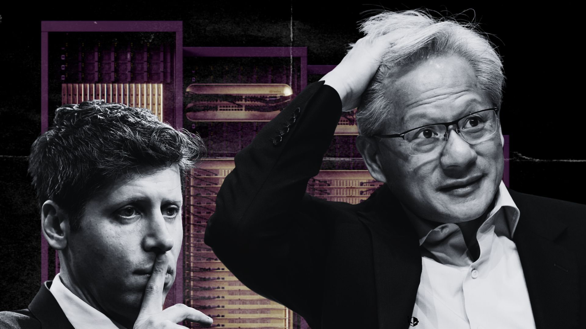 Two individuals are depicted in a black and white image with a background of server racks, one with a contemplative