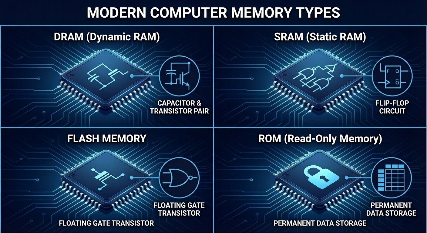 An illustration titled 'Modern Computer Memory Types' shows DRAM with 'Capacitor & Transistor Pair,' SRAM with 'Flip-Flop