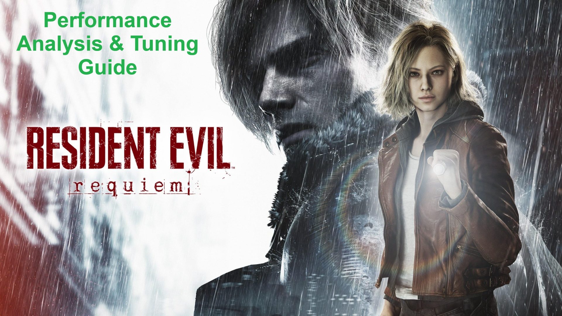 A promotional image for 'Resident Evil: Requiem' shows a character with a flashlight and the text 'Performance Analysis &