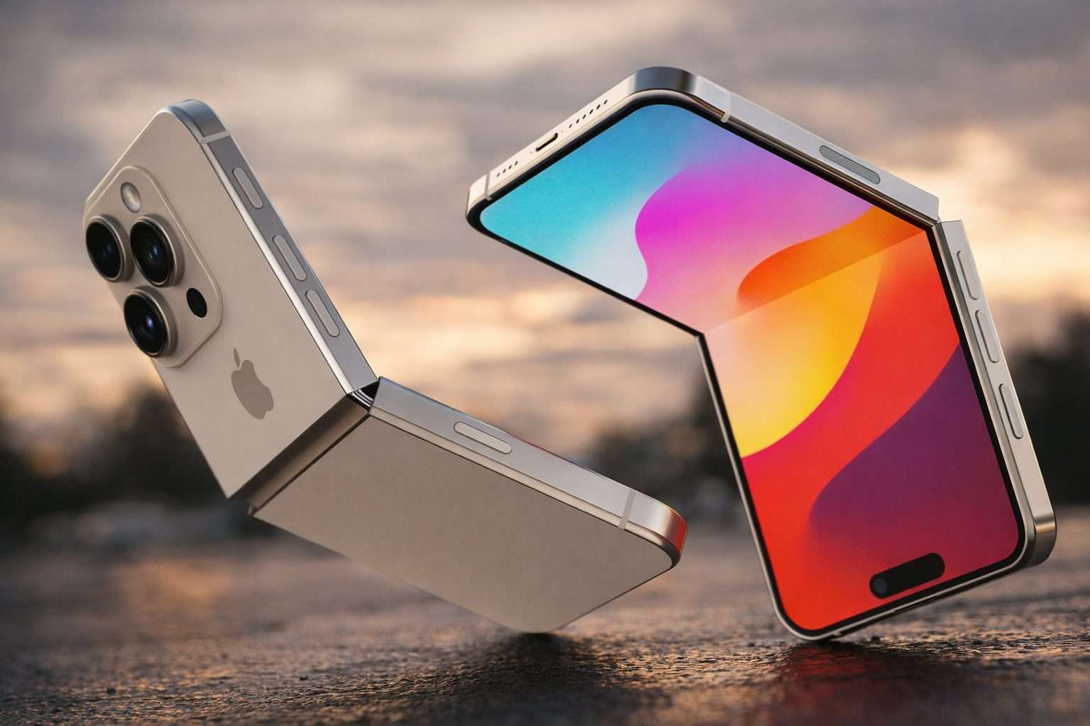 A silver foldable smartphone with an Apple logo and triple cameras, showing a colorful screen design, is displayed against a