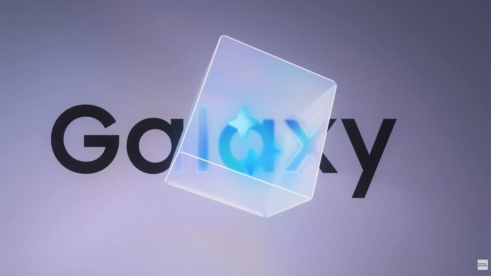 A translucent, glowing square overlaps part of the word 'Galaxy' with a blue star symbol inside it, while a small text