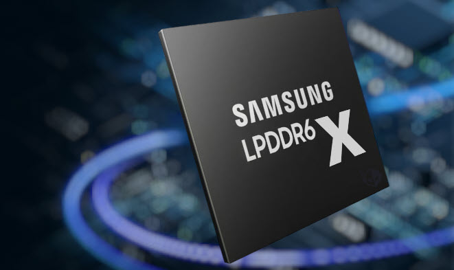 A close-up of a Samsung LPDDR6X chip with its label visible against a blurred technological background.
