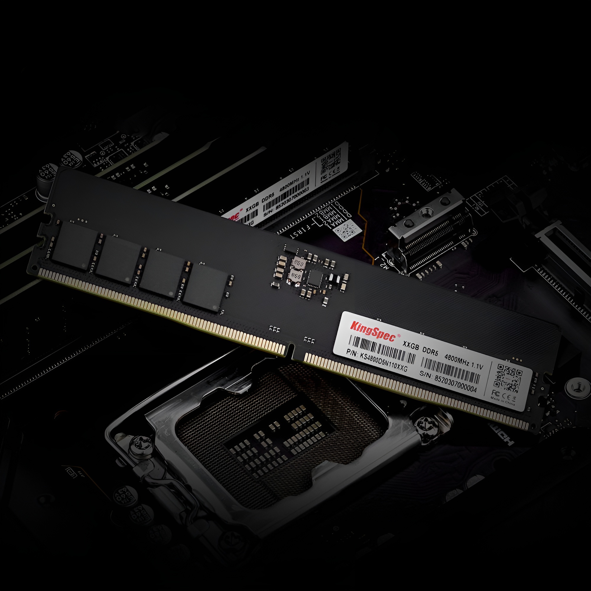 A KingSpec X16GB DDR5 4800MHz RAM module labeled '1.1V' is placed above an open CPU socket on a motherboard.
