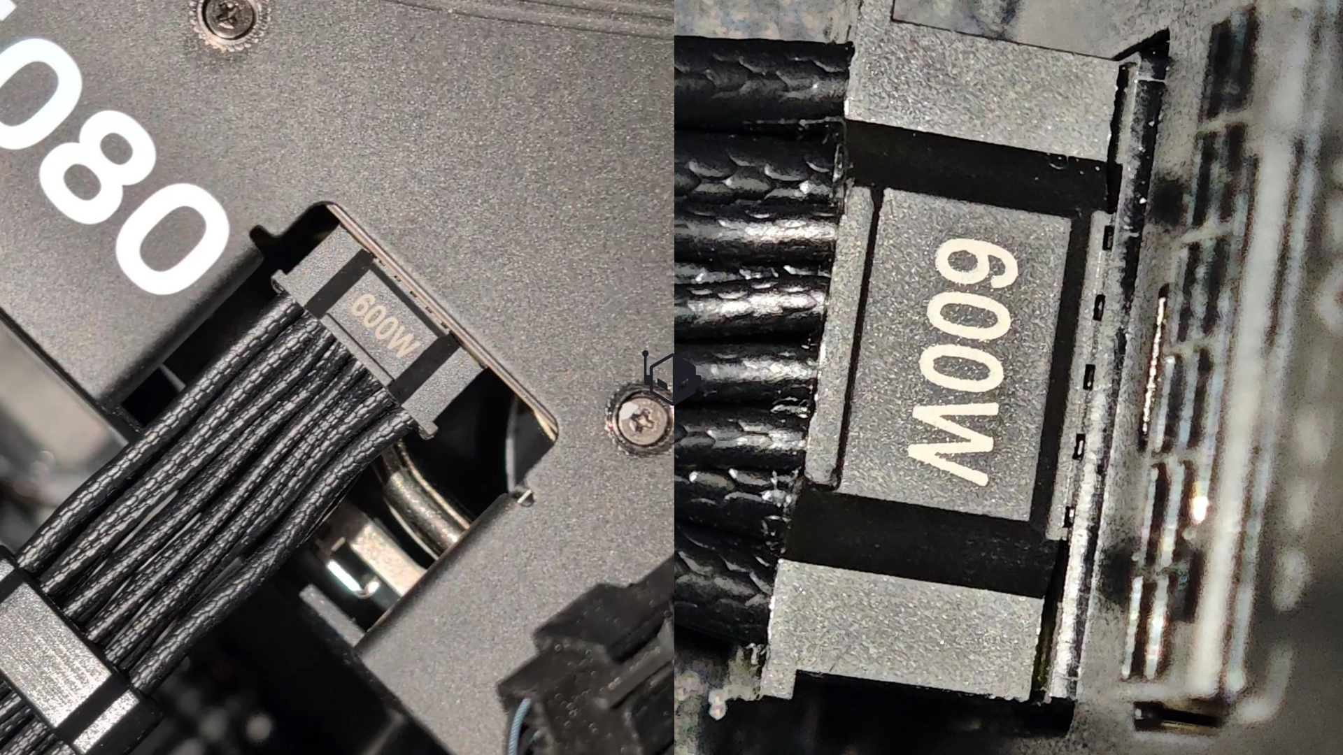 A close-up image shows a '600W' power connector plugged into an NVIDIA GeForce graphics card.
