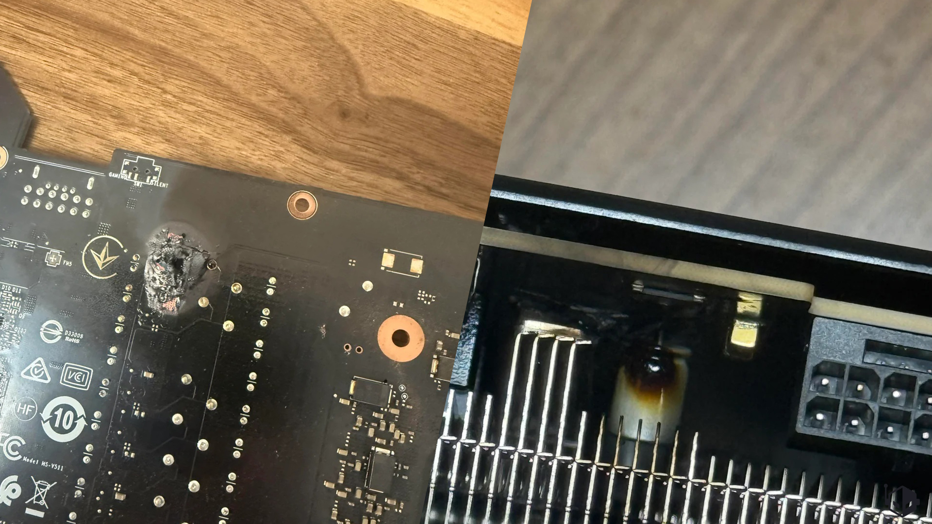 A close-up of a graphics card circuit board showing visible burn damage near the power connector area and marked logos and