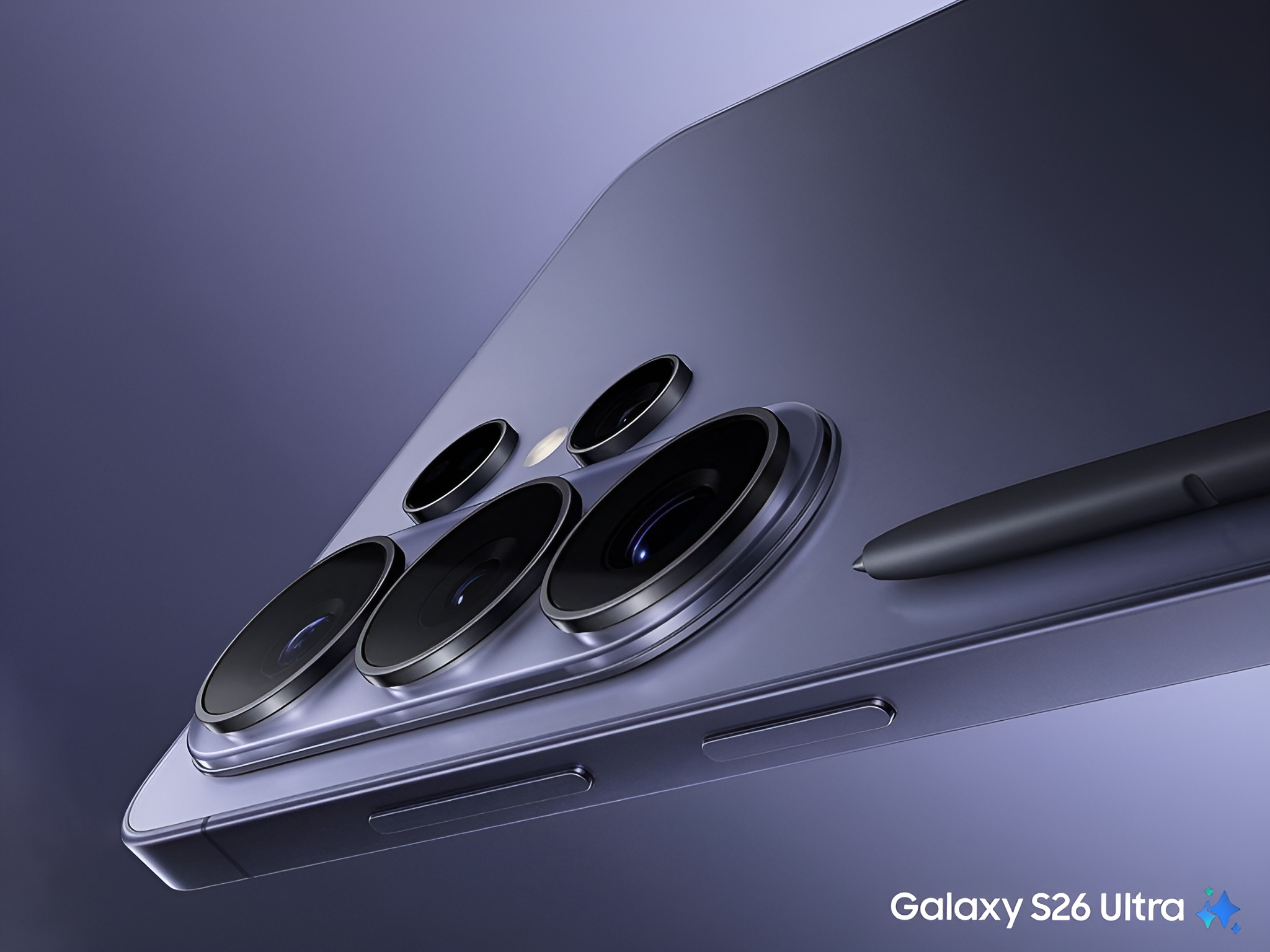 A close-up of the Samsung Galaxy S26 Ultra's rear camera array in a purple finish with a stylus beside it, featuring its