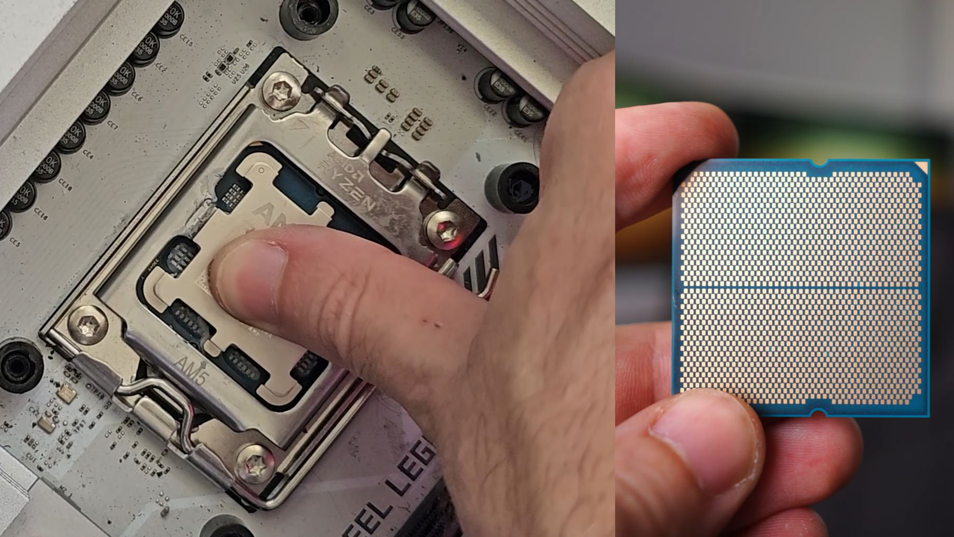 A hand installing an AMD Ryzen processor into an AM5 socket next to a hand holding another processor chip.