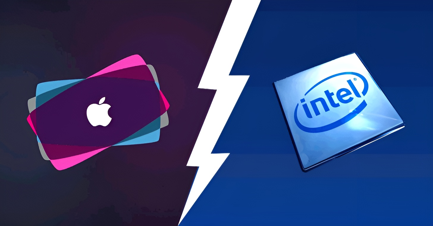 An illustration shows a stylized split between the Apple and Intel logos, symbolizing a rivalry.