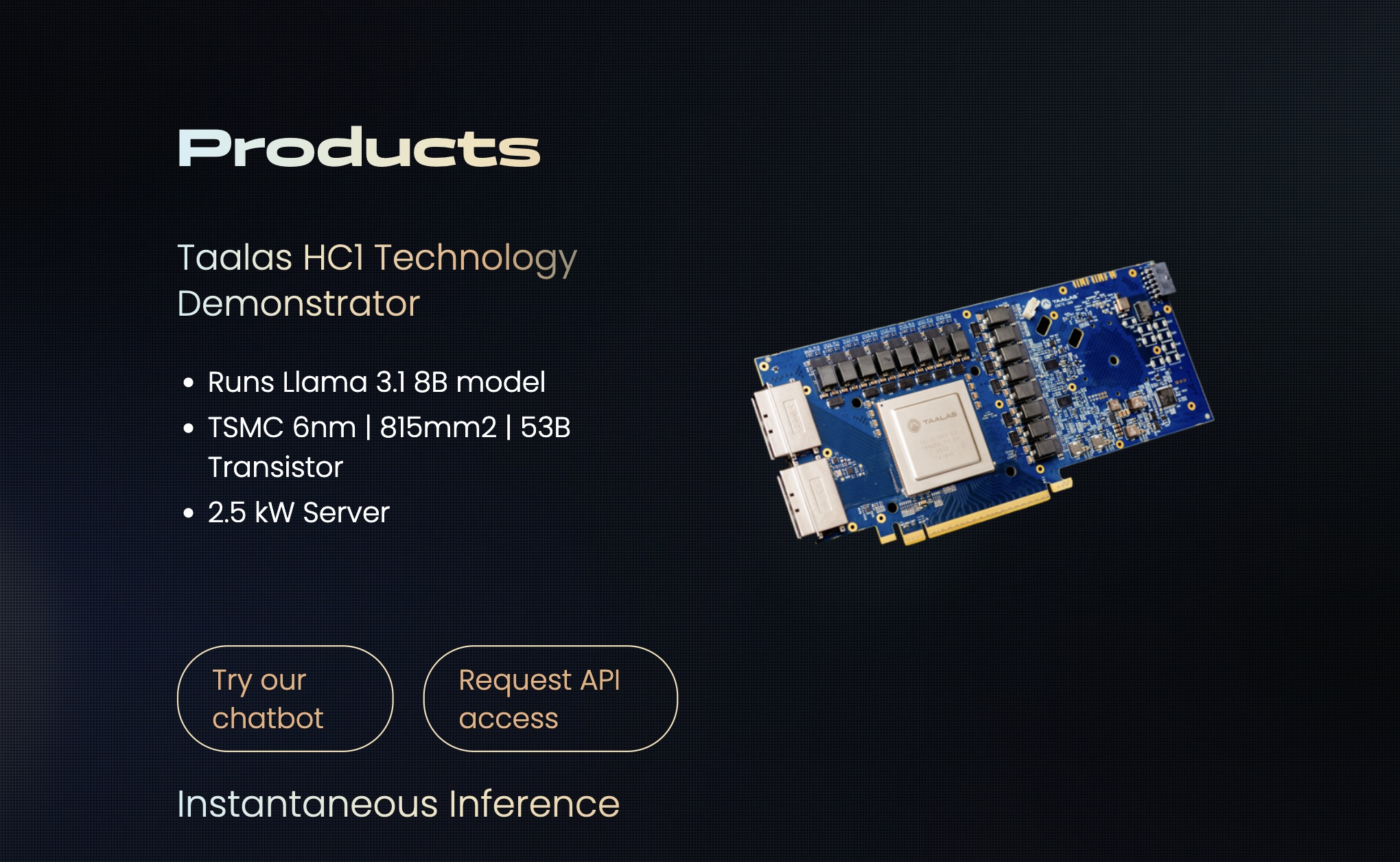 The image shows a Taalas HCI Technology Demonstrator featuring the Llama 3.1 8B model, TSMC 6nm technology, 815mm² area, 53