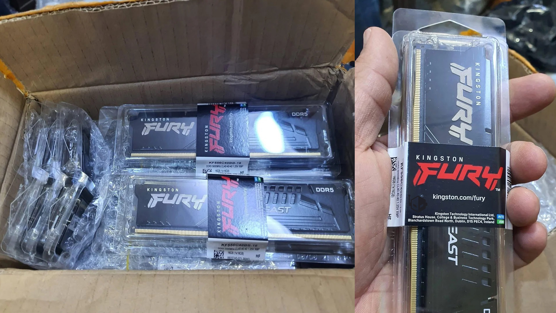 A box filled with Kingston FURY Beast DDR5 memory sticks, one held in hand showing label details.