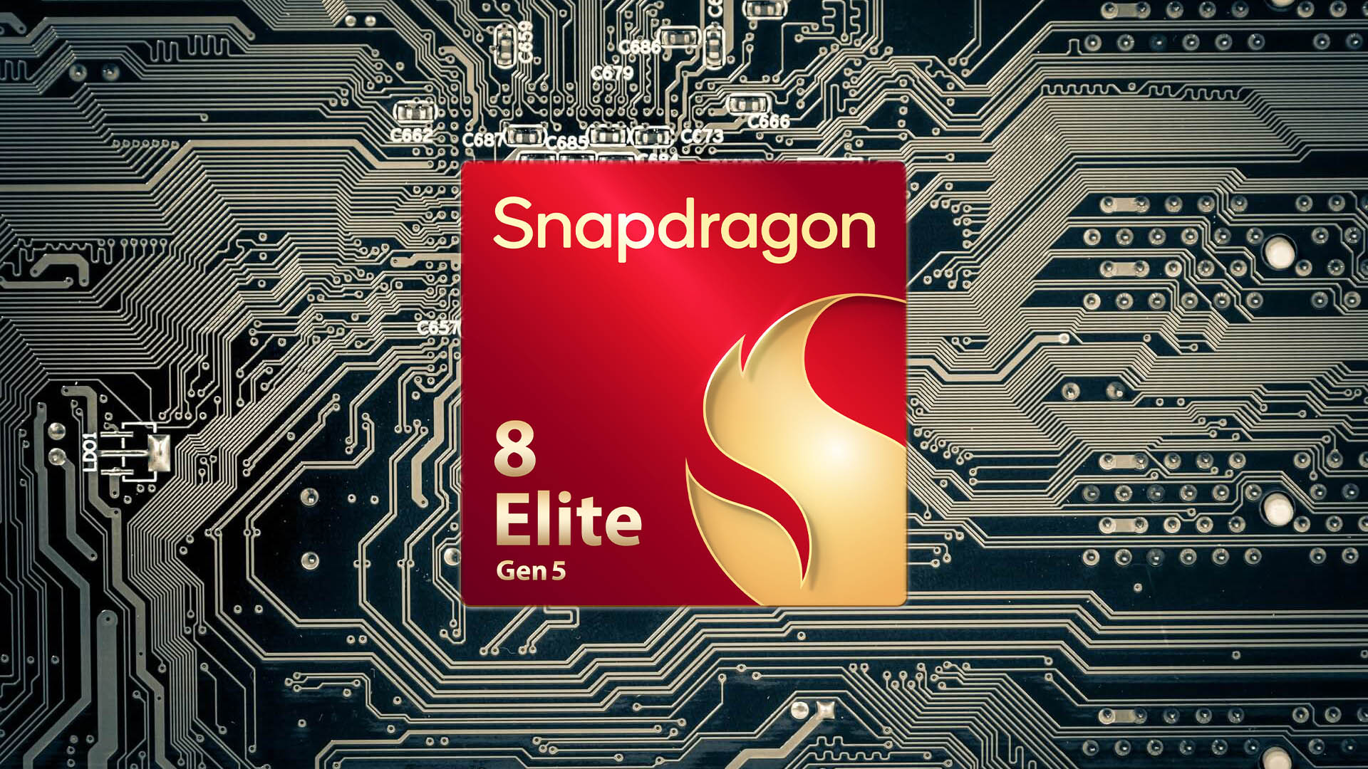 A logo for the Snapdragon 8 Elite Gen 5 processor is displayed against a background of electronic circuitry.