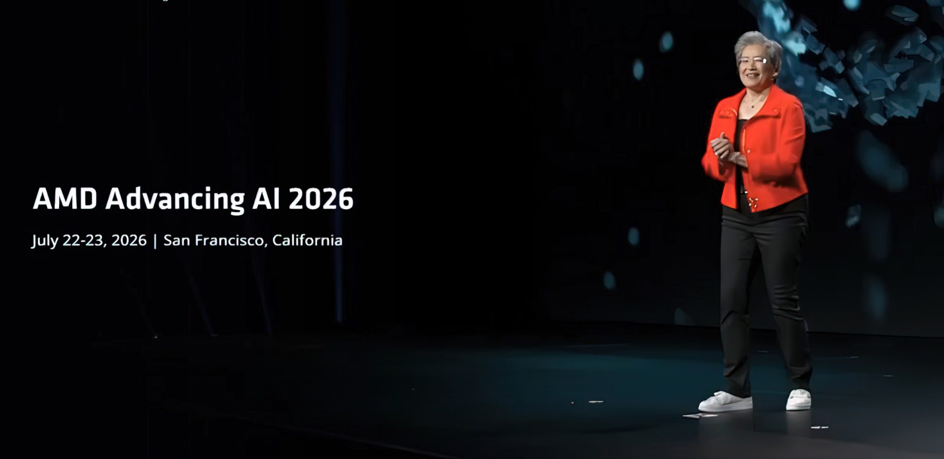 A person in a red jacket stands on stage next to the text 'AMD Advancing AI 2026,' with event details 'July 22-23, 2026