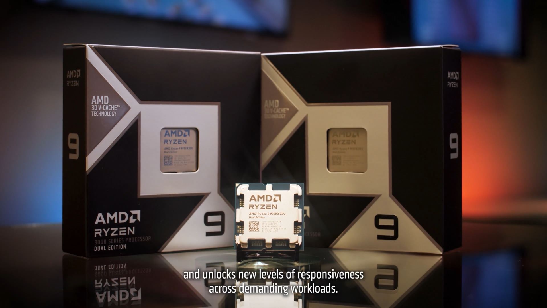 Three AMD Ryzen 9 9950X3D processors with dual edition packaging and 'AMD 3D V-Cache Technology' text visible.