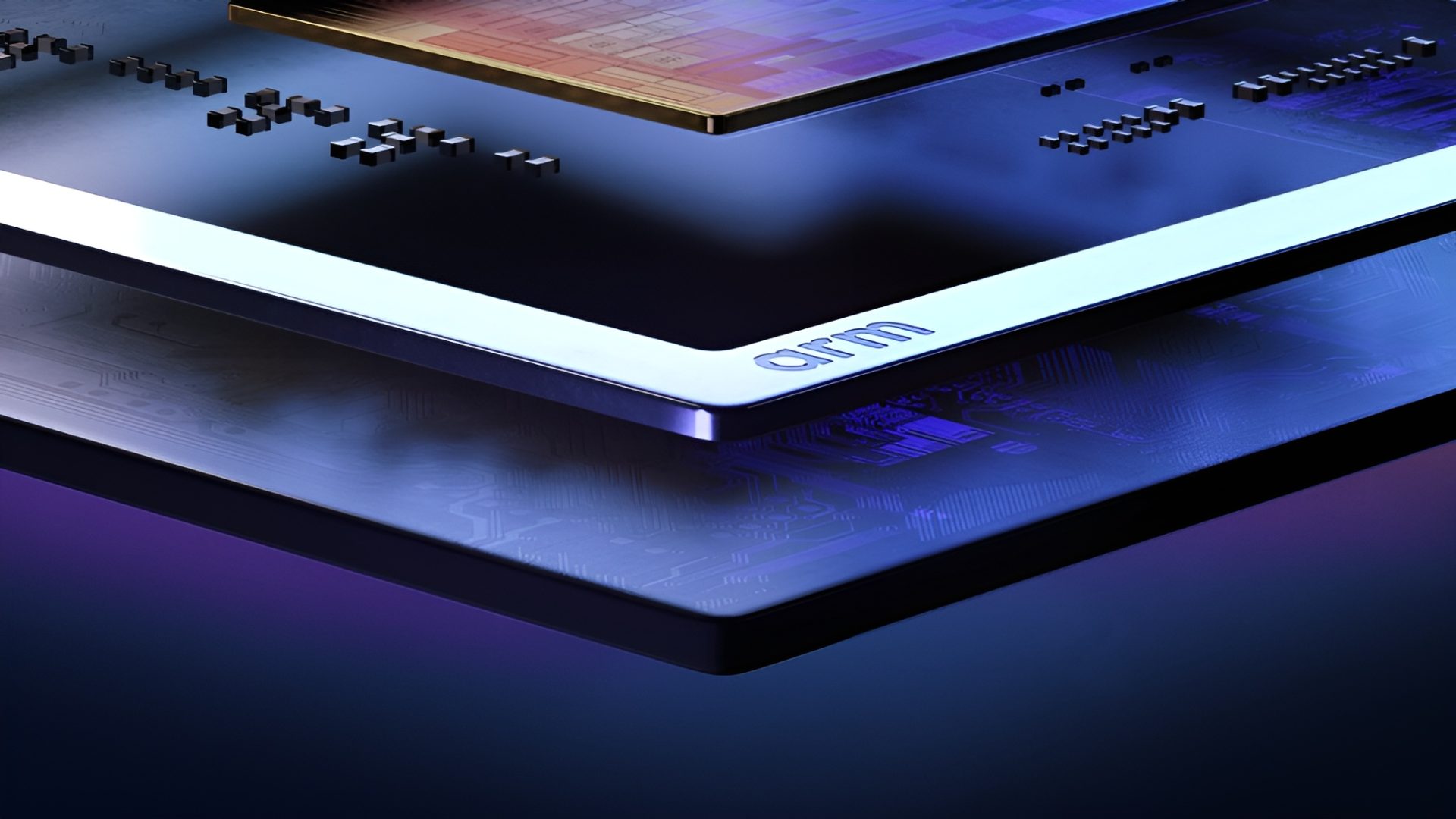 A close-up of an ARM chip featuring the 'arm' logo on its surface, showcasing its complex circuitry design.
