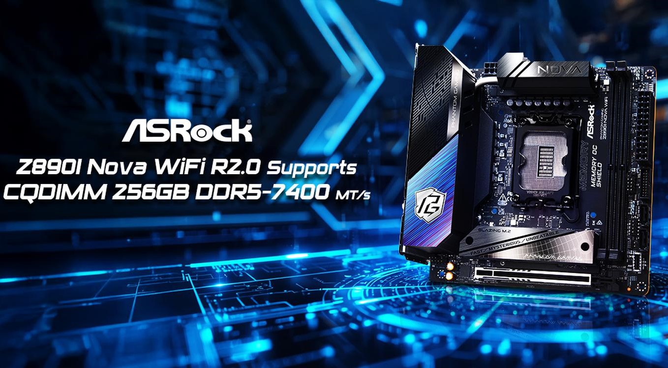 ASRock Z8901 Nova WiFi R2.0 motherboard displayed with text highlighting support for CQDIMM 256GB DDR5-7400 MT/s.