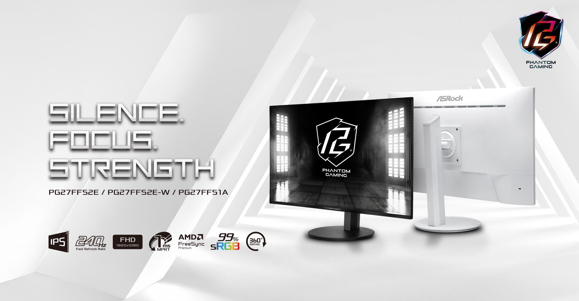 ASRock Phantom Gaming monitors, models PG27FFS2E, PG27FFS2E-W, and PG27FFS1A, are shown with features like 'IPS,' '240Hz Fast Refresh Rate,' 'FHD 1920x1080,' 'AMD FreeSync Premium,' and '99% sRGB'.