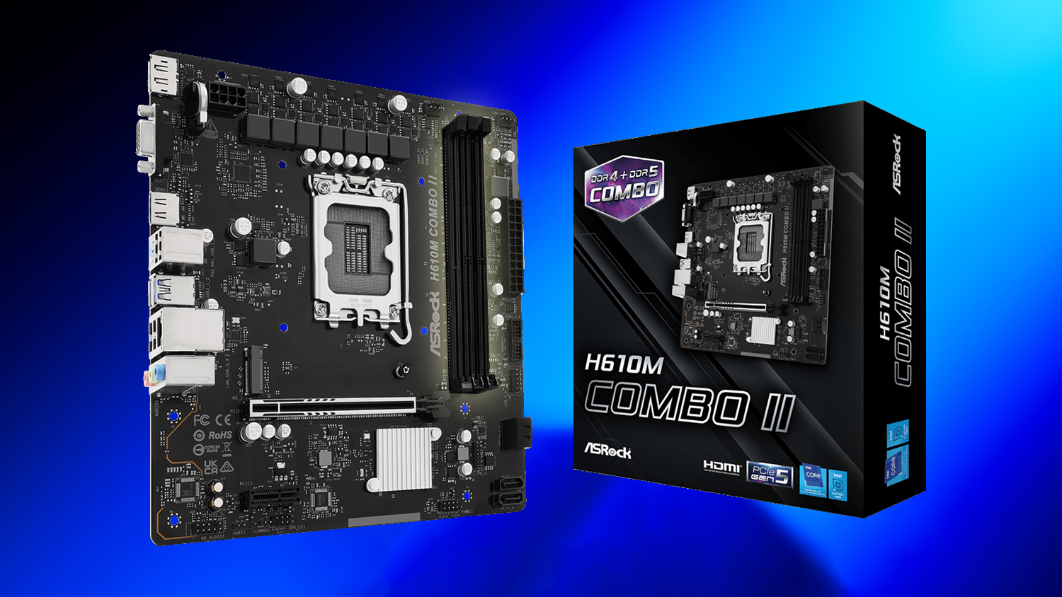 ASRock H610M Combo II motherboard and its packaging are displayed against a blue gradient background, with visible text 'DDR4 + DDR5 COMBO.'