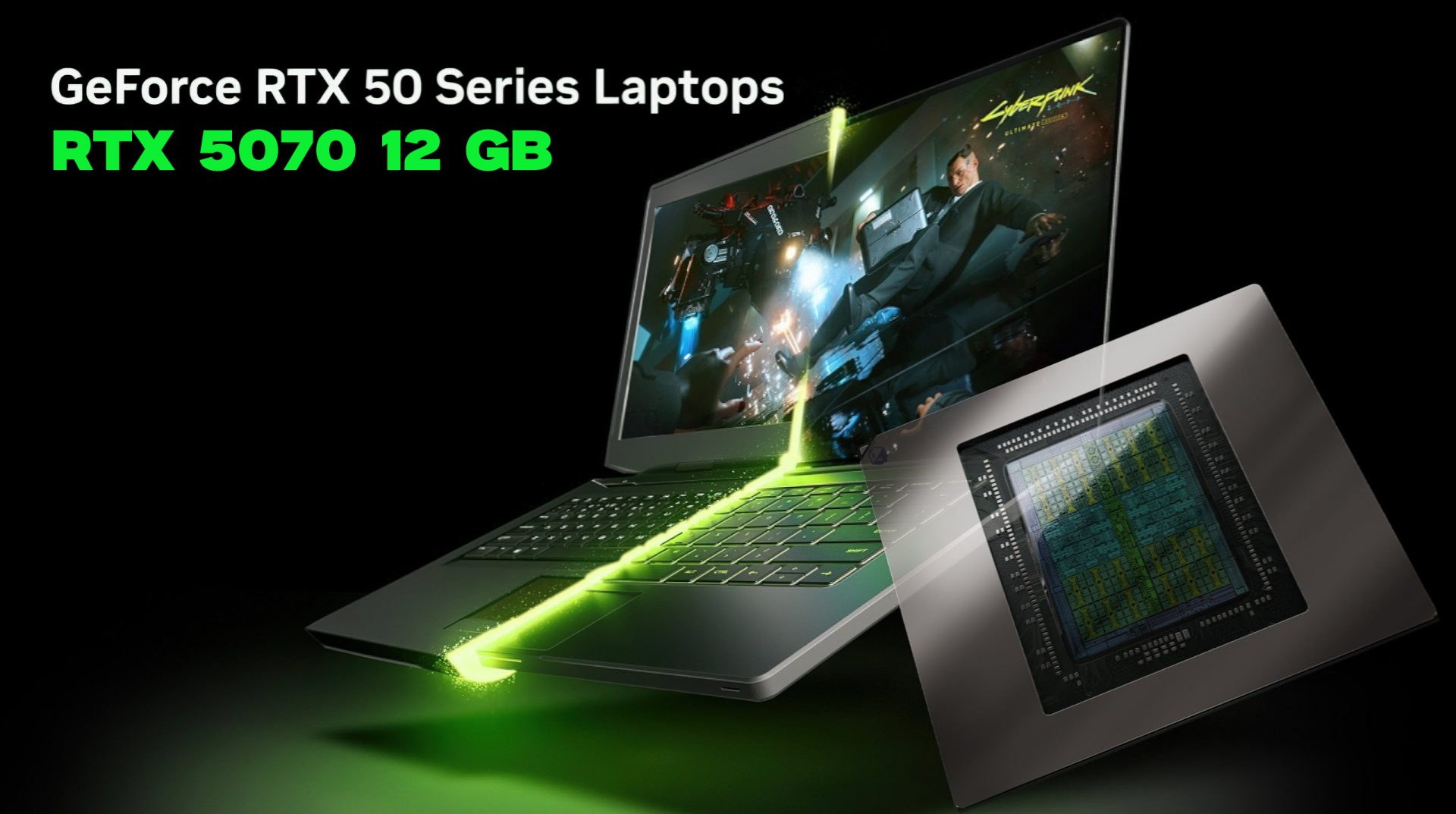 A GeForce RTX 50 Series laptop with 'RTX 5070 12 GB' text on-screen displays a scene from 'Cyberpunk 2077,' alongside a