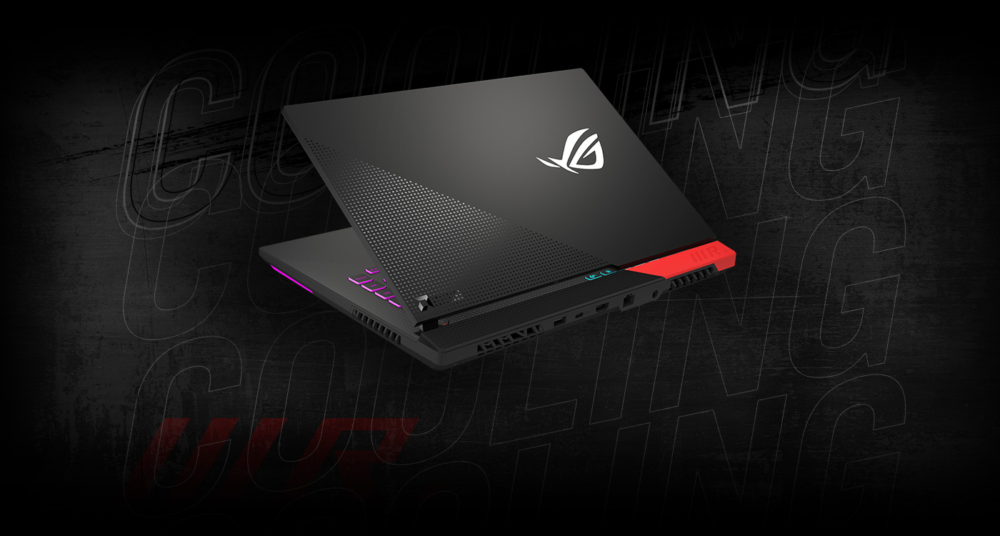 An ASUS ROG gaming laptop with RGB lighting and the ROG logo on the lid, partially open and displaying its rear cooling vents, is shown against a dark background with the word 'COOLING' faintly visible.