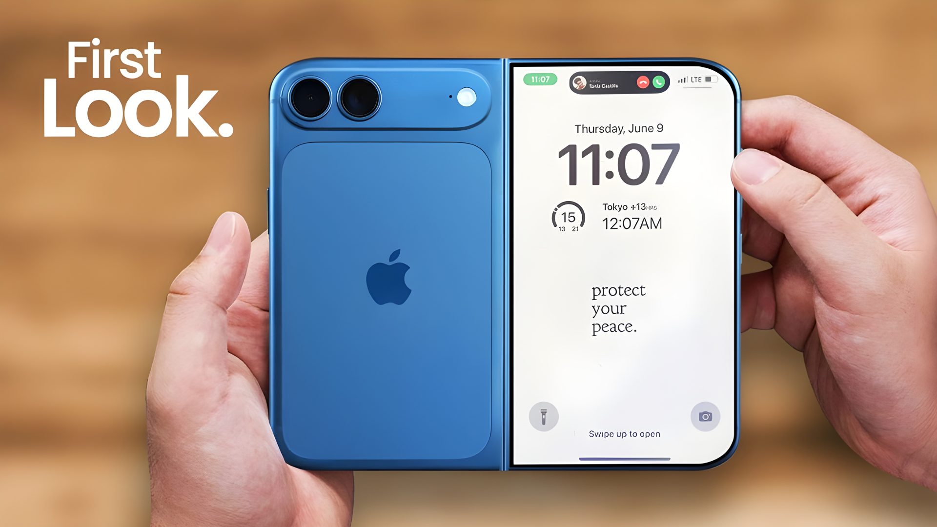 A person holds a blue Apple folding smartphone open, displaying a digital clock reading '11:07' and a message, 'protect your peace,' with the text 'First Look.'