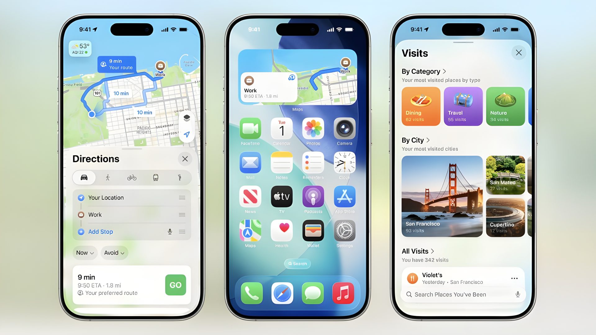 Three Apple iPhones display various map and location features, with the left showing 'Directions' to work, the center displaying a home screen with app icons, and the right highlighting a 'Visits' summary by category and city.