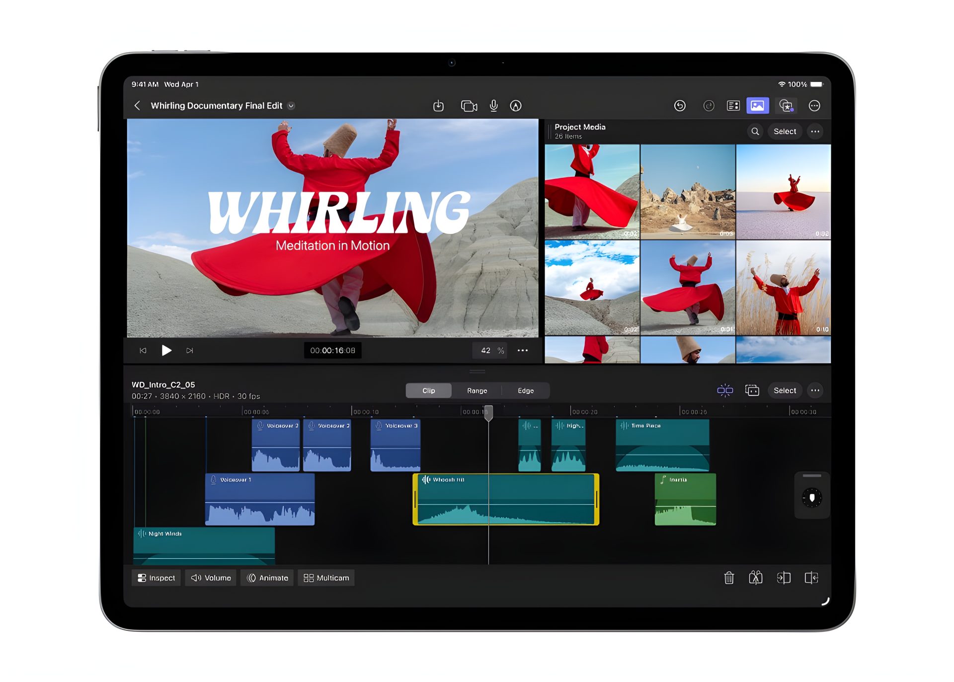 A video editing project titled 'Whirling Meditation in Motion' is displayed on an Apple iPad Pro, showing a timeline and
