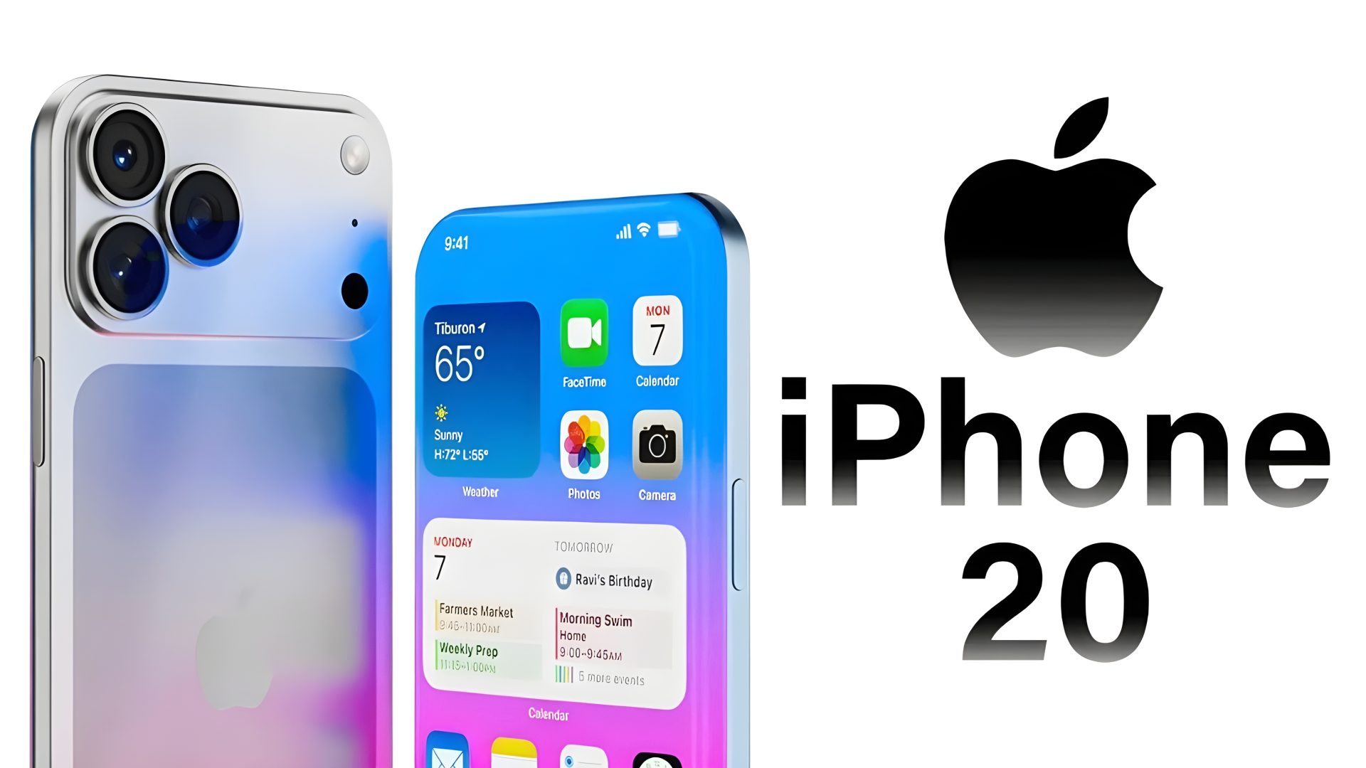 A conceptual design of the Apple iPhone 20 showcasing a triple camera setup and a display with 'Tiburon,' '65°,' and app icons for FaceTime, Calendar, Photos, and Camera.