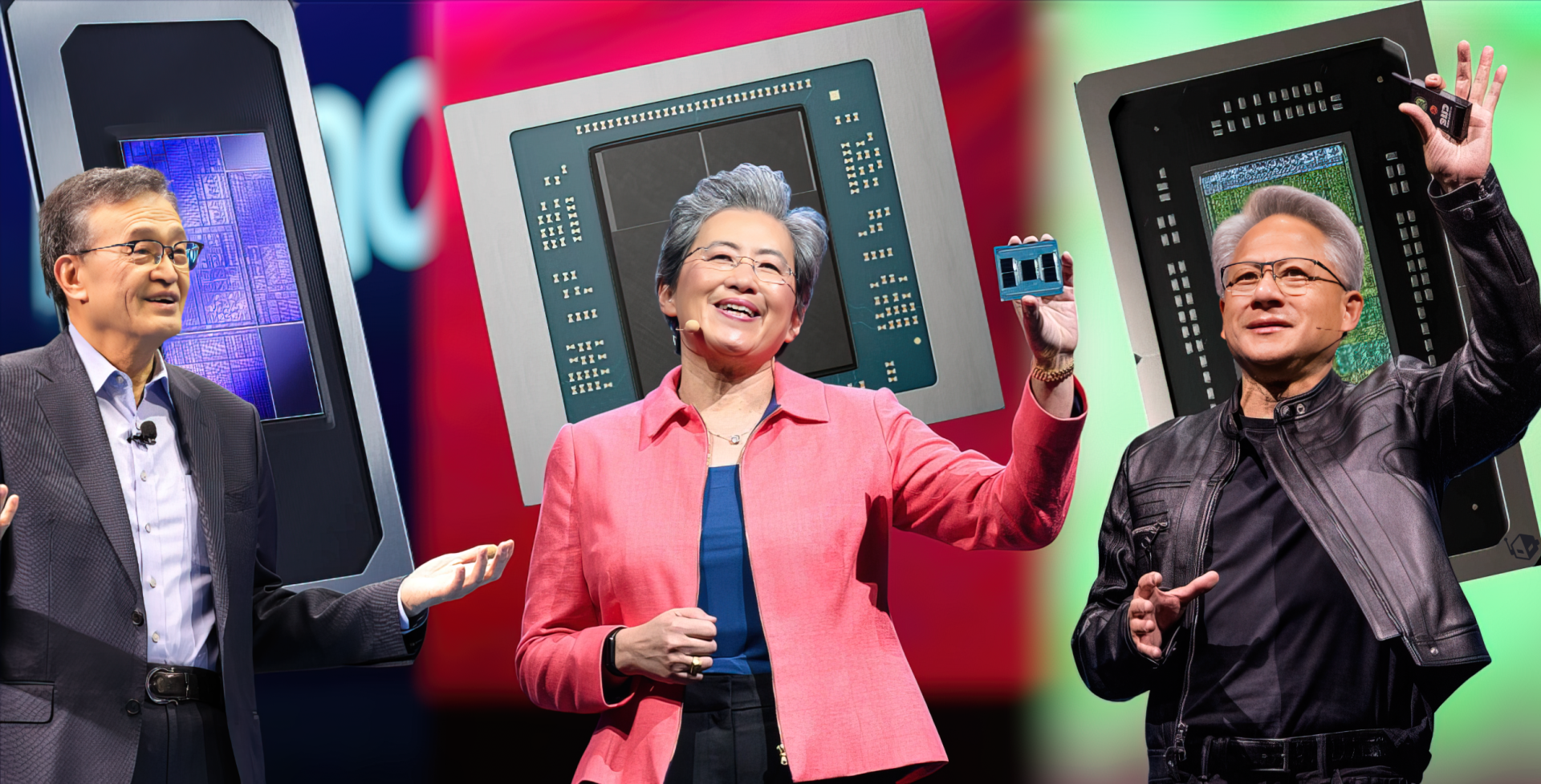 Three unidentified tech executives each holding different semiconductor chips against a colorful background.