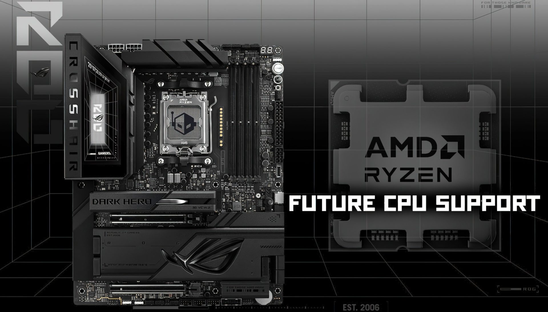An ASUS ROG Crosshair Dark Hero motherboard with an AMD Ryzen socket and the text 'Future CPU Support'.