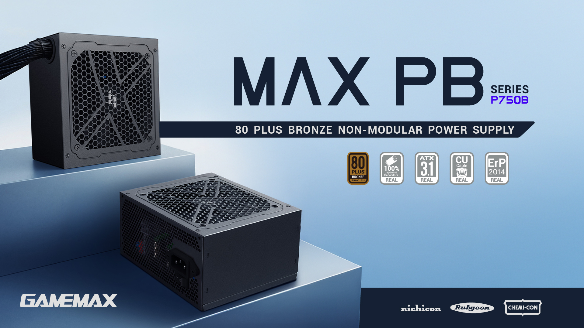 A promotional image of the Gamemax MAX PB Series P750B, showcasing '80 Plus Bronze Non-Modular Power Supply' alongside certification icons.