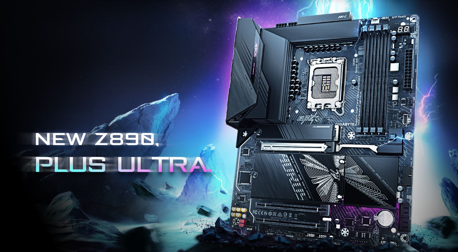 A GIGABYTE motherboard with the text 'NEW Z890, PLUS ULTRA' displayed on a cosmic-themed background.