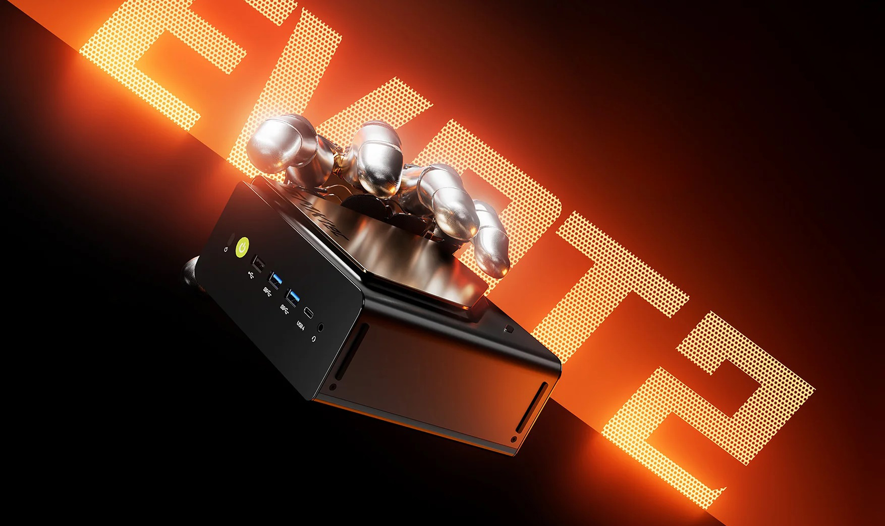 A small black PC with front USB ports is illuminated by orange 'BEYOND' text in the background, with silver robotic fingers resting on top.