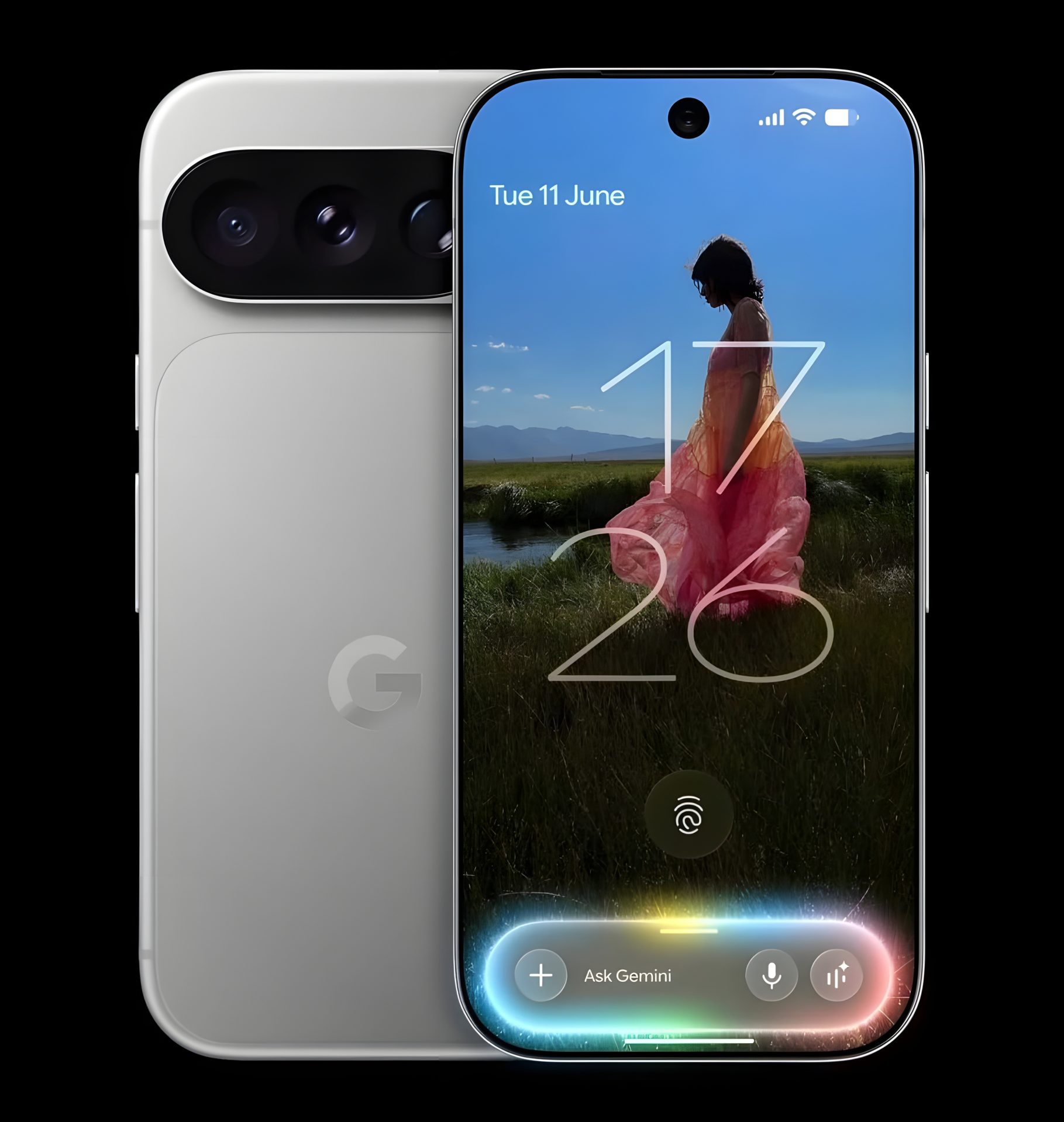 A front and back view of a Google Pixel phone displaying the lock screen with a 'Tue 11 June' date and 'Ask Gemini' option at the bottom.