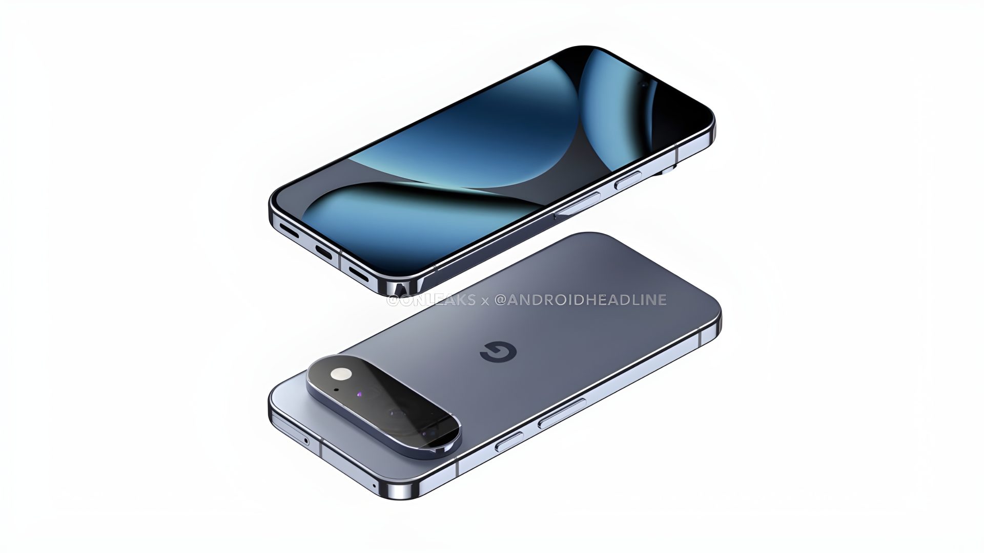 Two Google Pixel smartphones are shown with a sleek, flat design and prominent camera modules.
