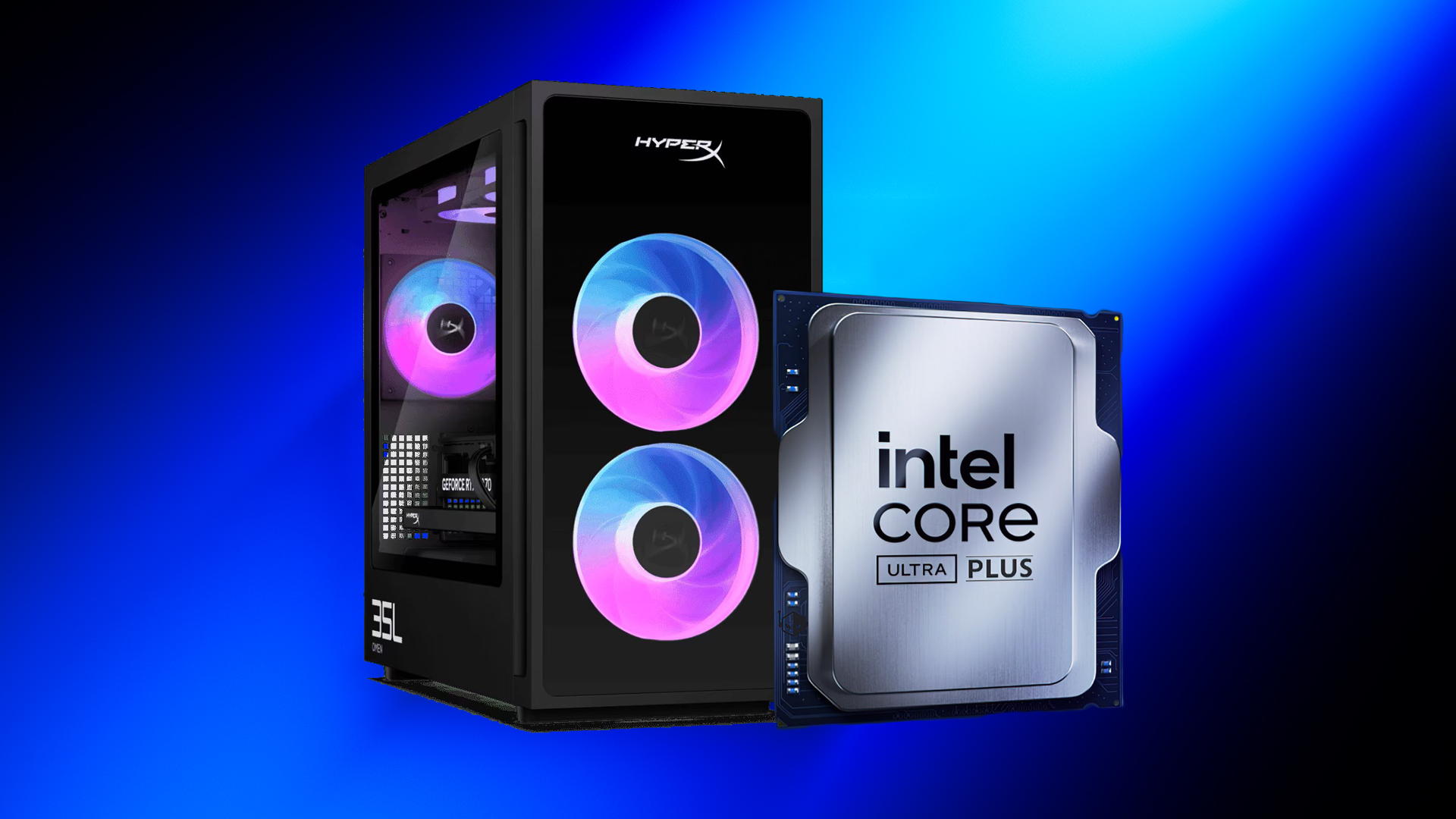 A HyperX gaming PC with RGB lighting is shown next to an Intel Core Ultra Plus processor on a blue background.