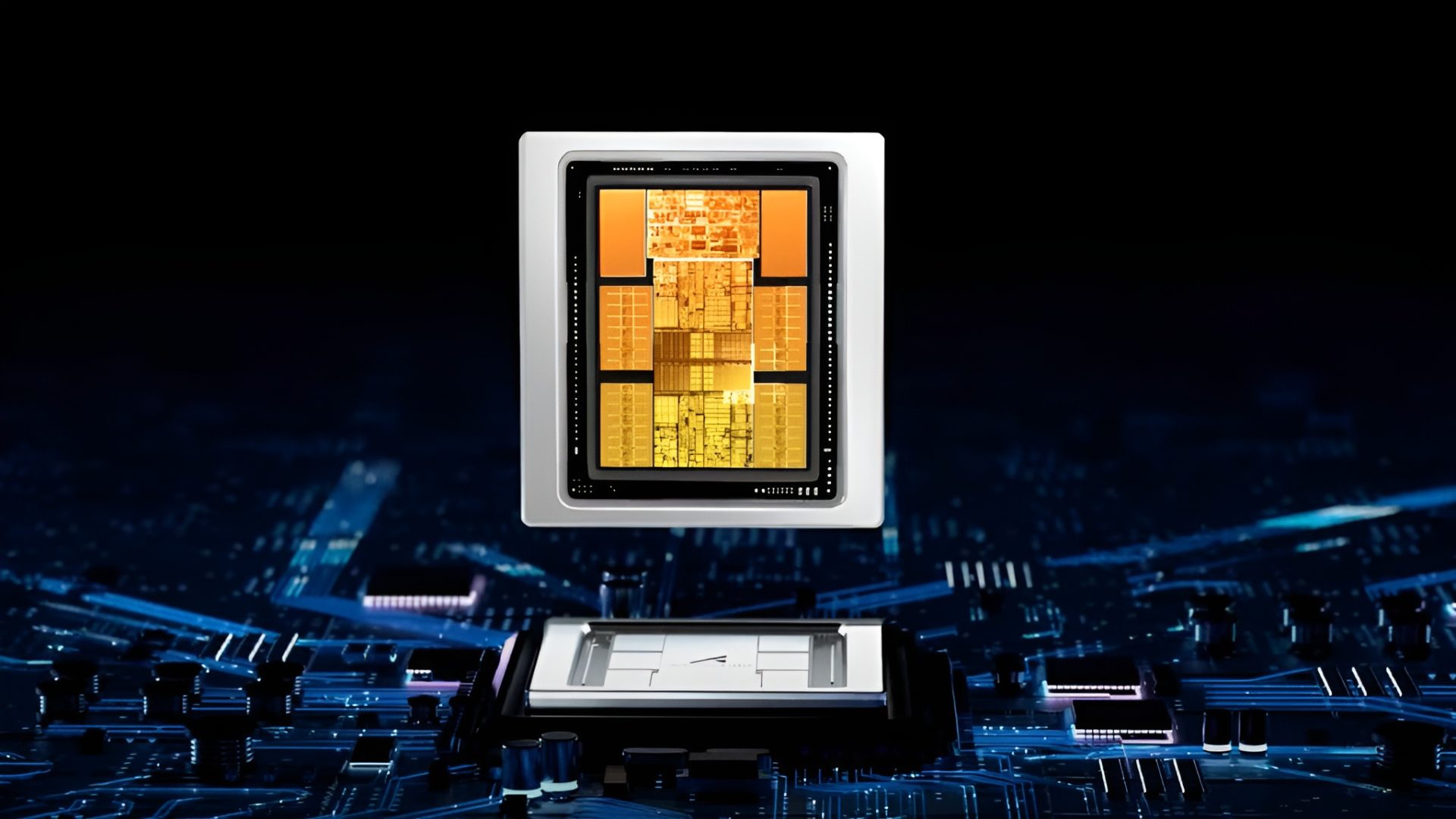 A close-up of a glowing semiconductor chip with intricate circuitry patterns suspended above a blue-lit circuit board.