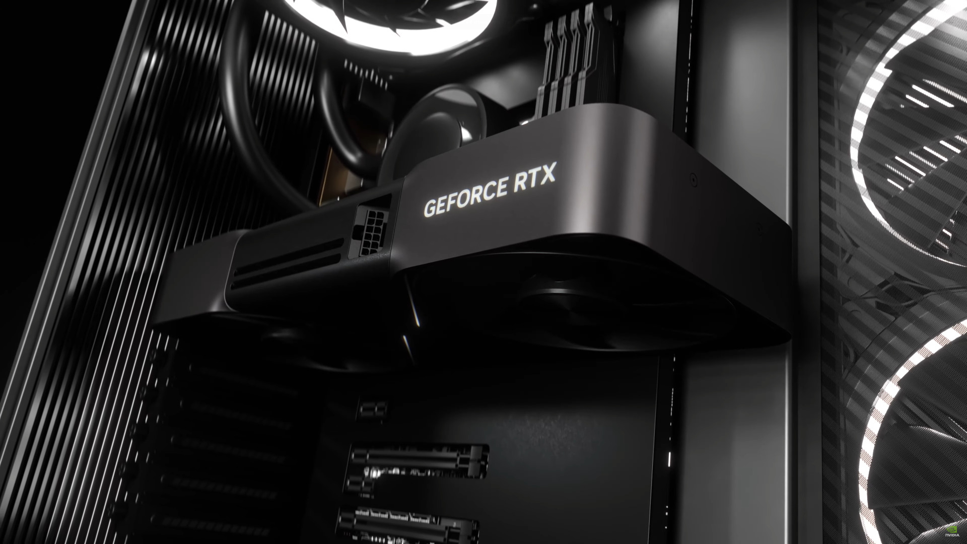 A close-up of an NVIDIA GeForce RTX graphics card installed in a computer case.