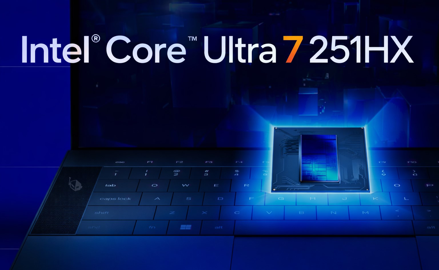 Intel Core Ultra 7 251HX chip positioned above a laptop keyboard with blue lighting effects.