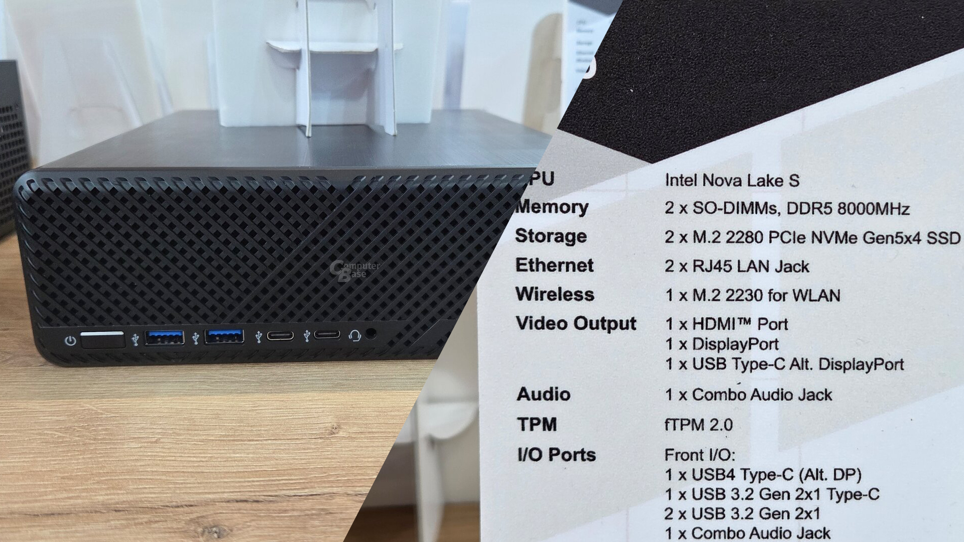 A compact Intel Nova Lake S PC is shown alongside a specification sheet listing features such as 2x SO-DIMMs DDR5 8000MHz, M.2 2280 PCIe NVMe Gen5x4 SSD, and various connectivity ports including HDMI, DisplayPort, and USB Type-C.
