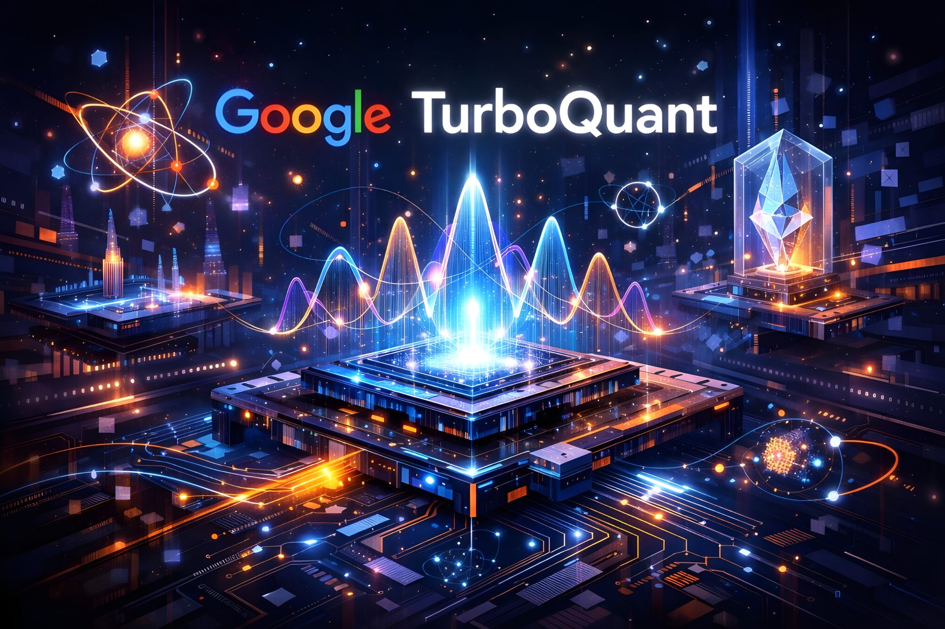A digital illustration depicts futuristic quantum computing circuits with glowing data lines, featuring the word 'Google TurboQuant' prominently displayed.