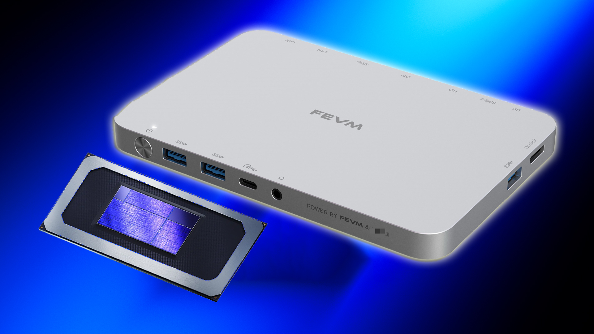 A FEVEM hub with multiple ports and a rectangular chip with a visible die, set against a blue gradient background.