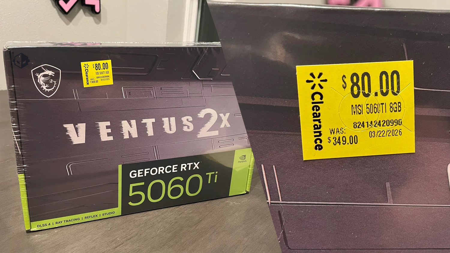 A boxed MSI Ventus 2X GeForce RTX 5060 Ti graphics card is displayed with a clearance price tag showing '$80.00' reduced from '$349.00'.