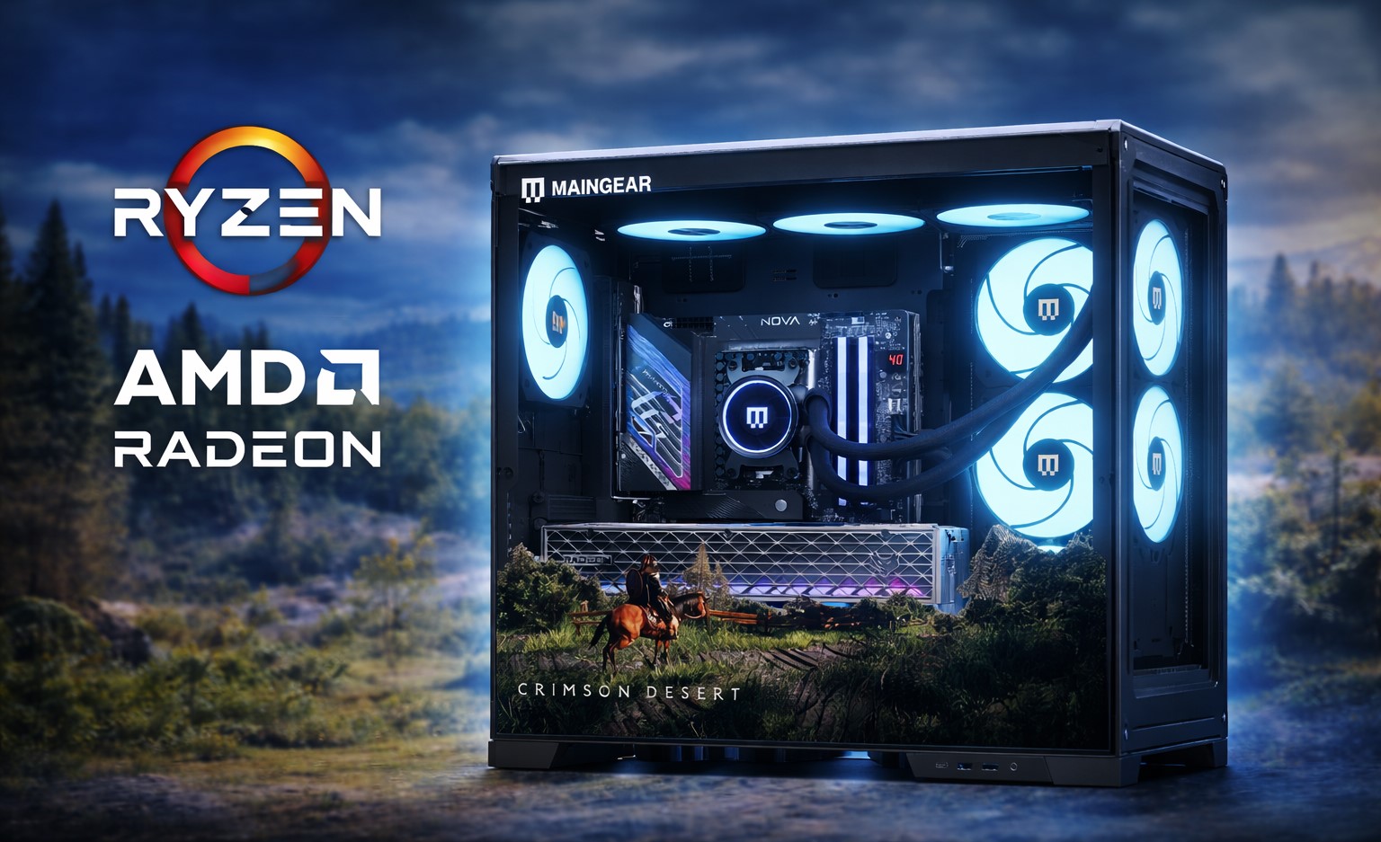 A Maingear gaming PC with illuminated fans is displayed against a landscape, featuring a Ryzen logo, an AMD Radeon graphic, and an on-screen image from the game 'Crimson Desert'.