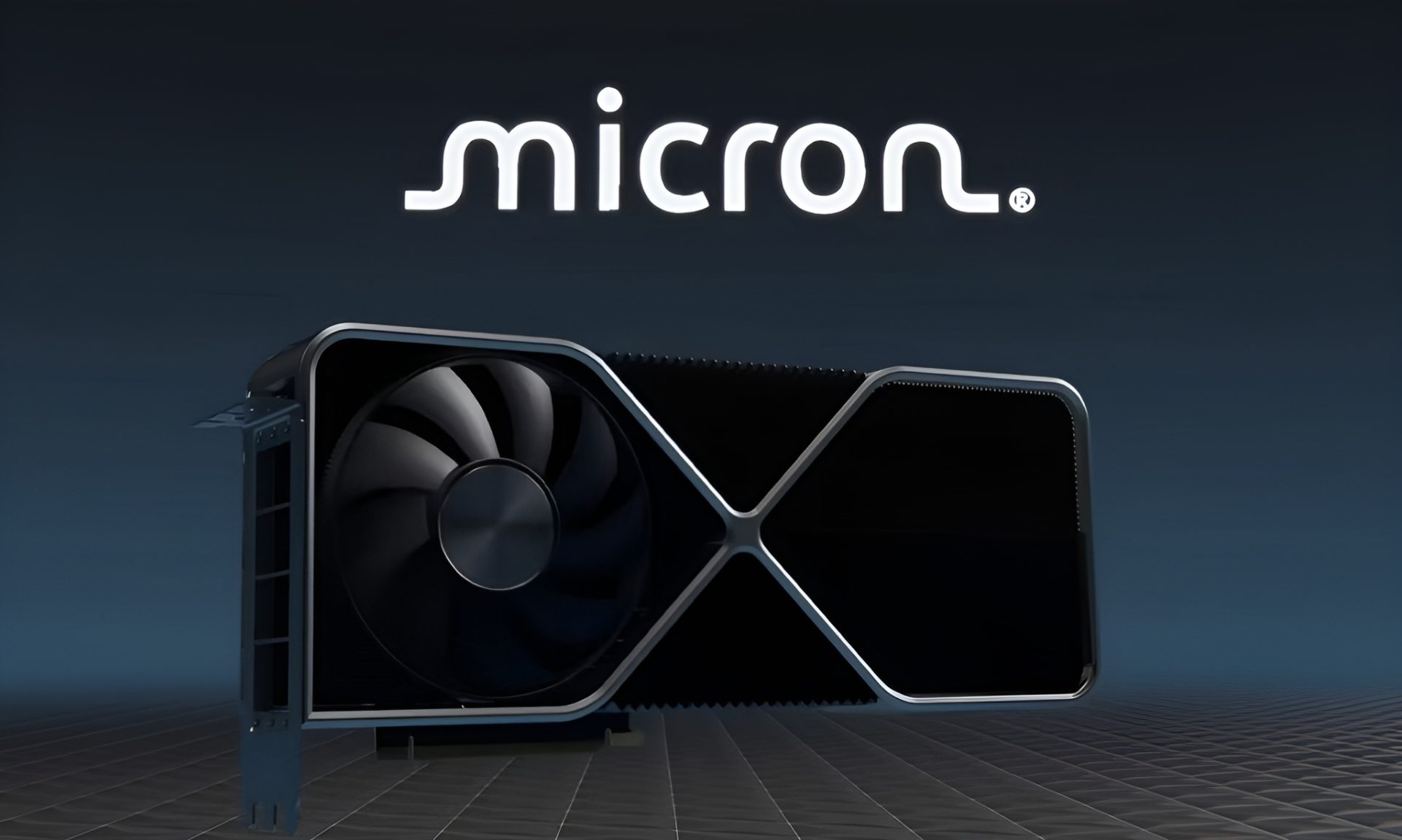 A computer graphics card with a large cooling fan is positioned in front of a glowing 'micron' logo.