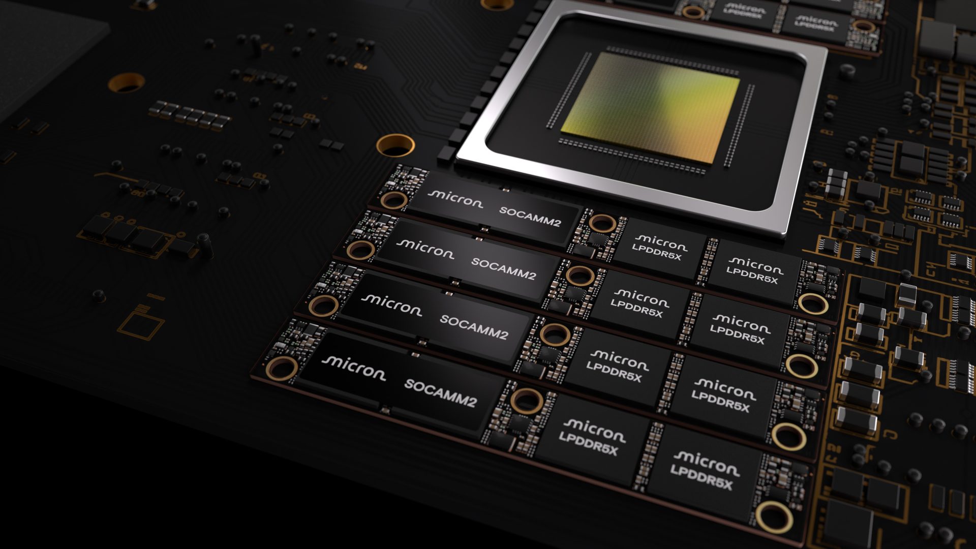 A close-up of a circuit board featuring Micron SOCAMM2 and LPDDR5X memory chips.