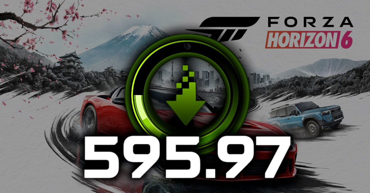 A promotional image for 'Forza Horizon 6' features cars drifting in a Japanese landscape with a prominent download icon and the number '595.97'.