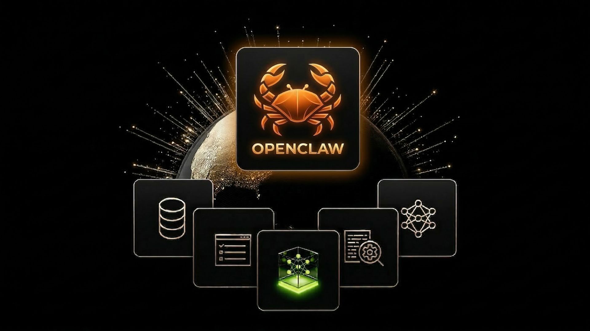 A logo featuring an orange crab above the text 'OPENCLAW' is surrounded by icons representing data, neural networks, and analytics.