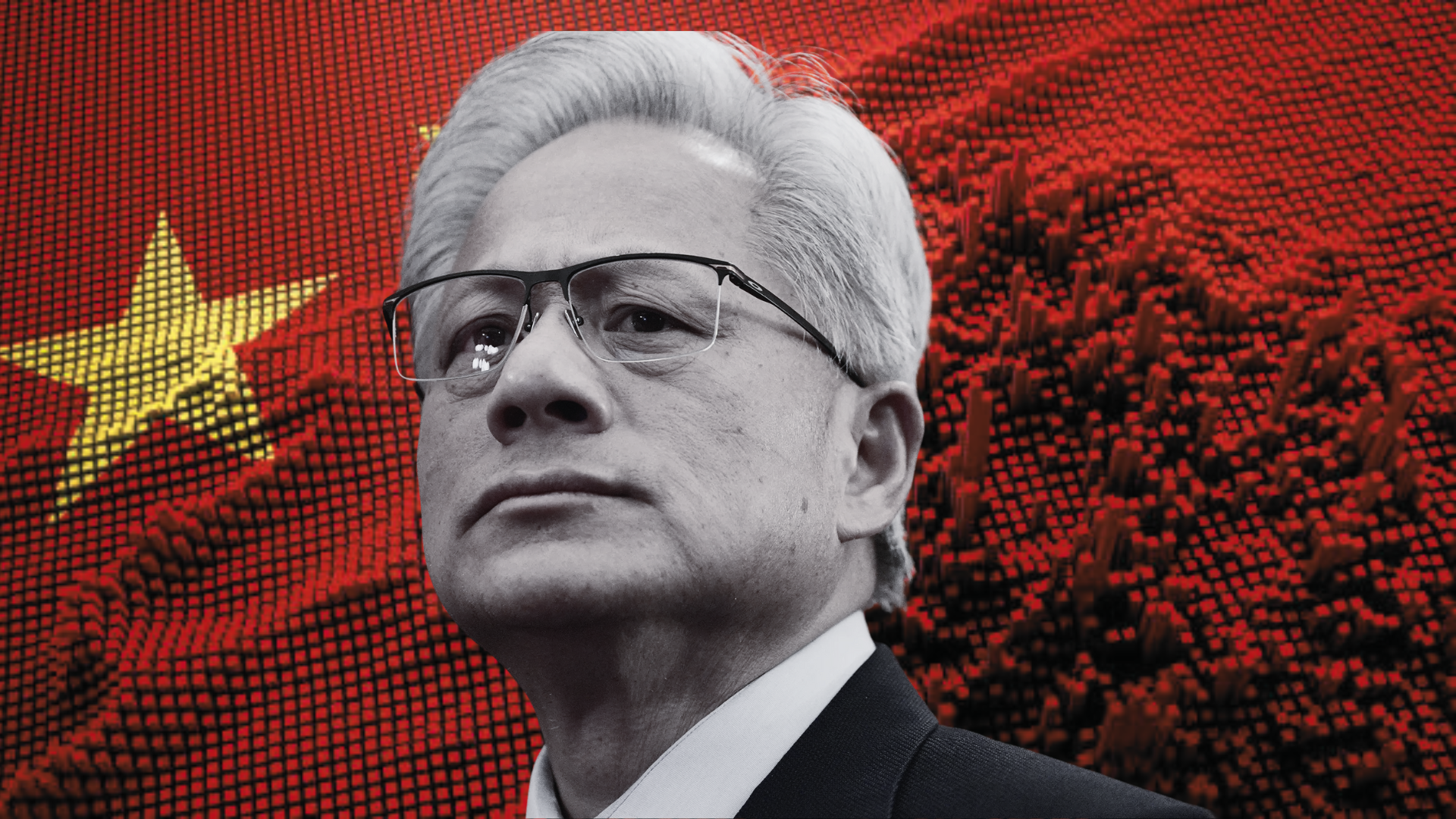 A person with gray hair and glasses stands in front of a pixelated background featuring the Chinese flag.