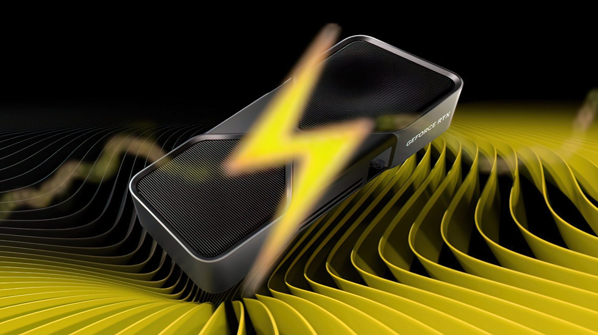 A graphics card labeled GeForce RTX is surrounded by stylized yellow and black wave patterns with a prominent yellow